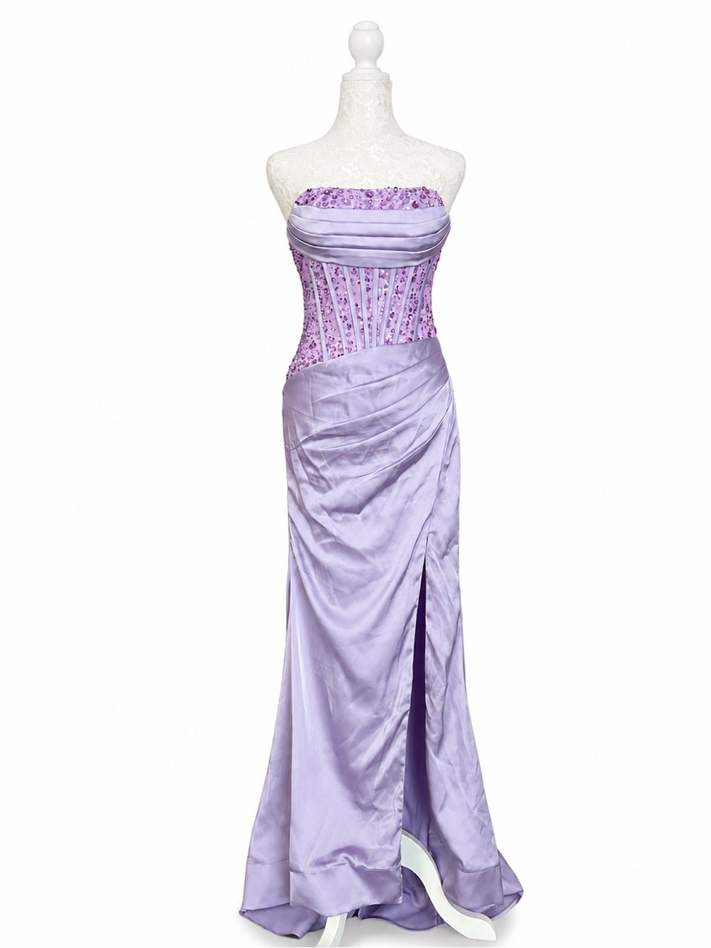 Lavender Strapless Sequin Corset Satin Maxi Gown Dress Size 0 formal party NWT - Picture 2 of 7